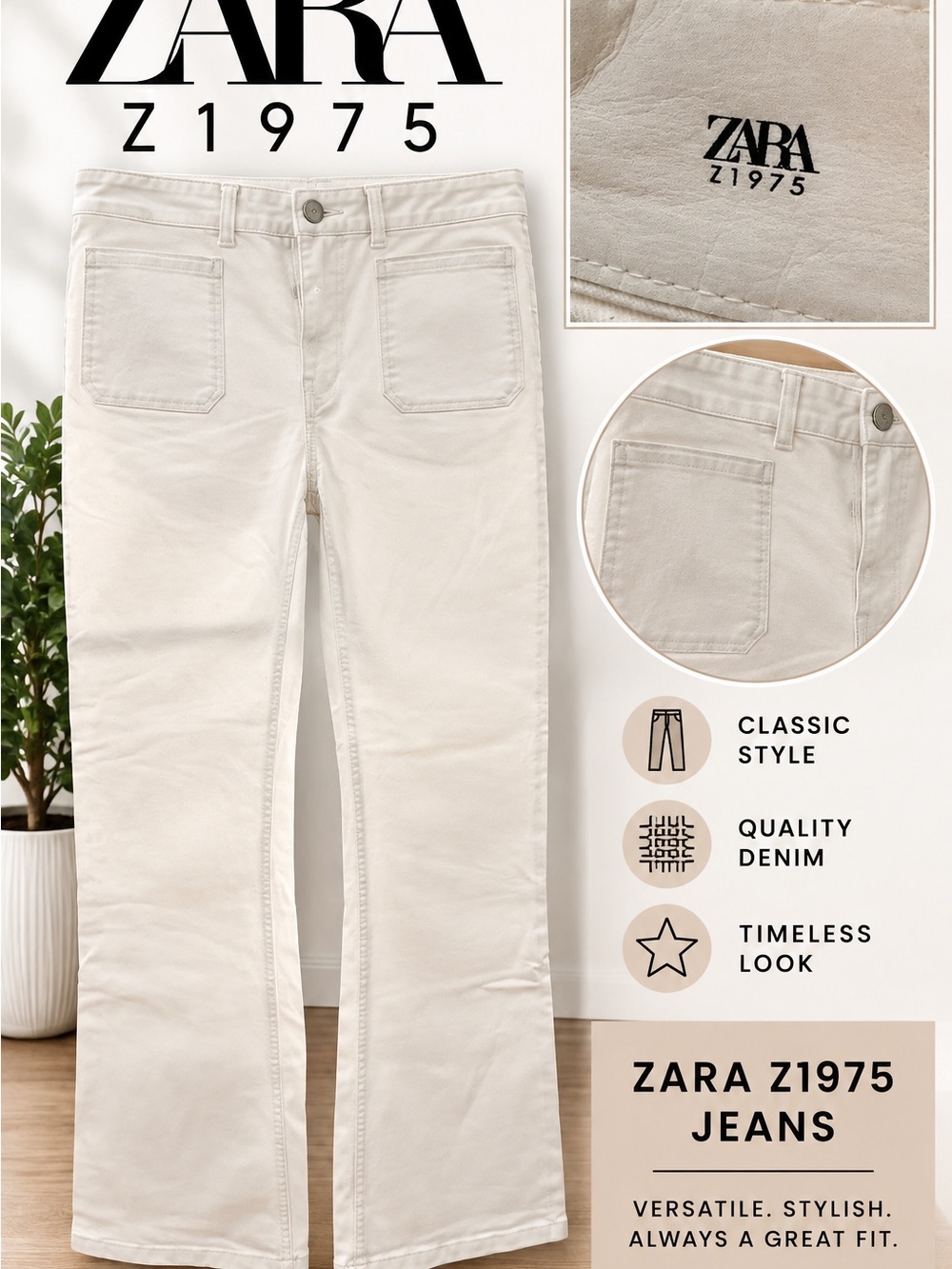 Zara Z1975 Cream Wide-Leg Jeans